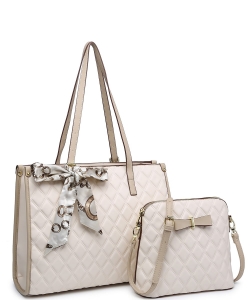 2In1 Quilted Tote Bag with Ribbon Scarf Set 716545 BEIGE